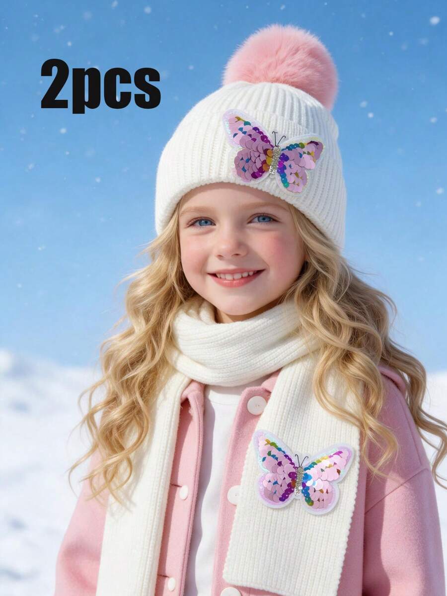 2pcs/Set Girls Sequin Bowknot Autumn Winter Kids Hat Scarf Set, 2-Piece Hat Set, Knit Beanie Scarf Set, Autumn Winter Warm 2-Piece Set, Kids Winter Accessory Set - 2pcs - View 1