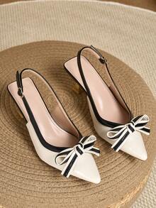 Women's Colorblock Bow Pointed Toe Stiletto Heel Slingback Pumps, Fashion PU Leather Cutout Party Shoes, All Season - Black and White - View 2