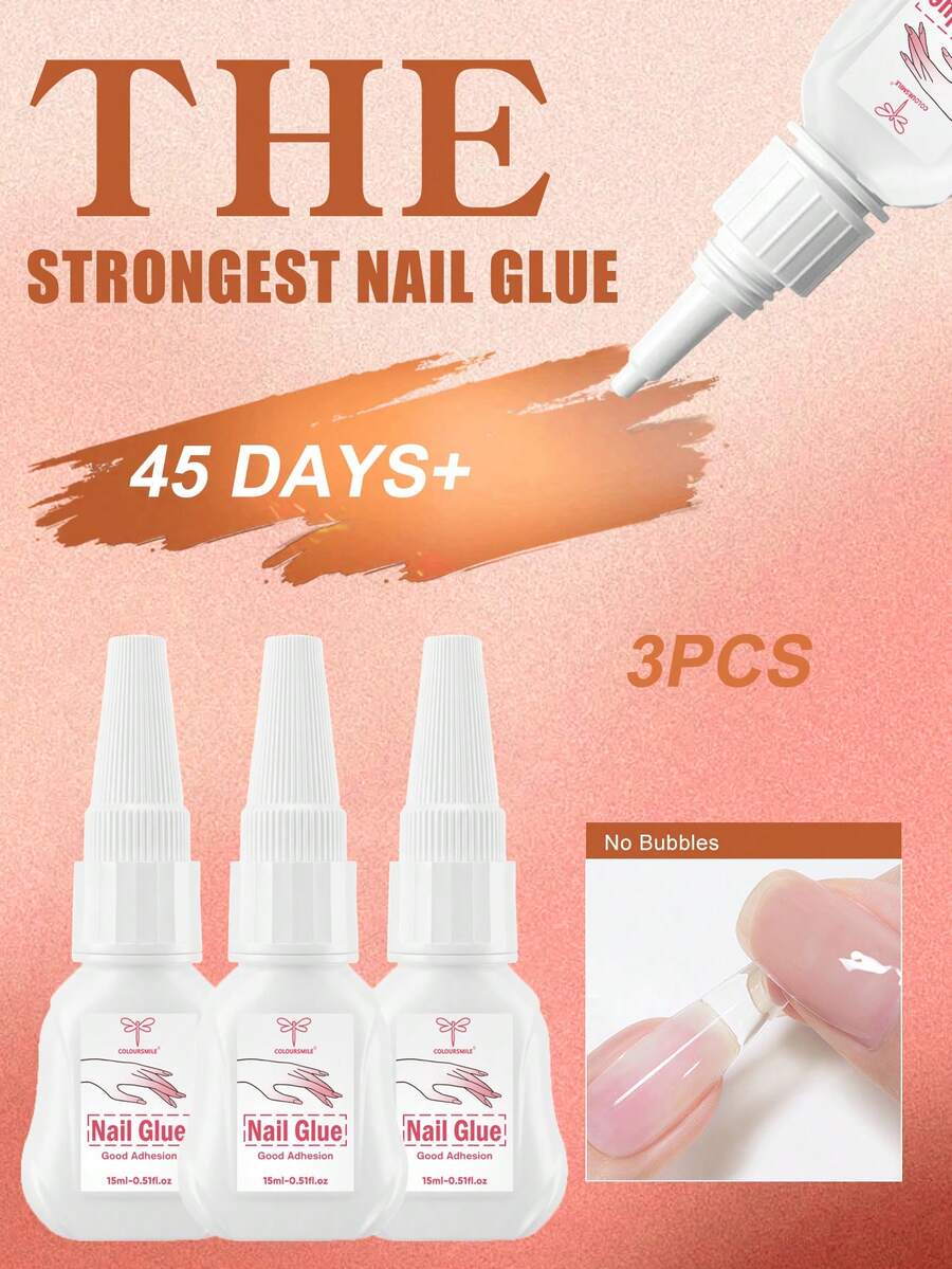 COLOURSMILE 1/2/3pcs Quick Dry Strong Waterproof Nail Glue With Brush, Formaldehyde-Free Glue For Fake Nails, Press On Nails & Rhinestones