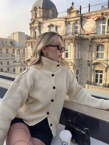 NOVELLE Women's Elegant Diagonal Button High Neck Knit Cardigan, Autumn Winter Lazy Style Loose Long Sleeve, For Daily Outings, Commute And Dating - Beige - View 2