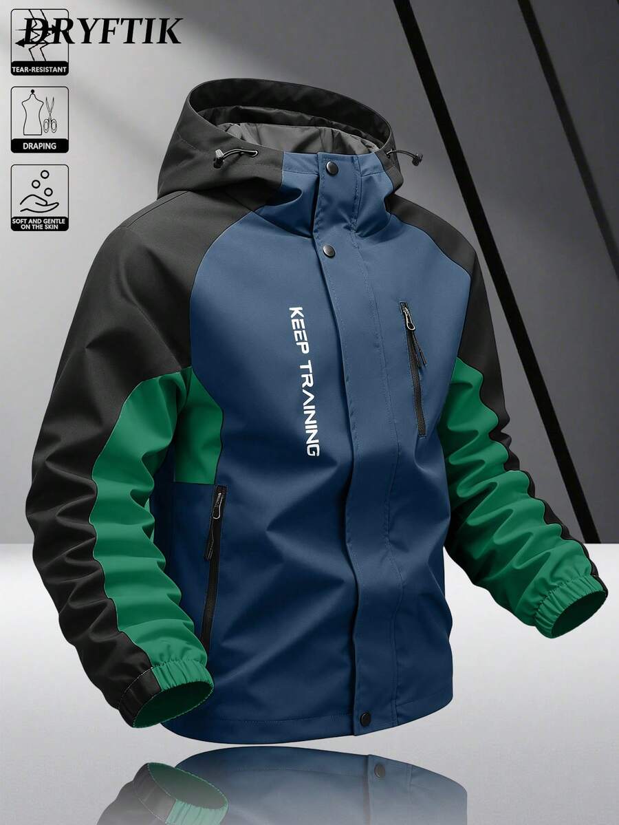 Men's Patchwork Hooded Zip-Up Jacket With Vertical Letter Print On Body, Vertical Zip Pocket On Chest, Jacket For Short Trips - Blue - View 1