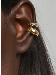 4pcs French Vintage Burgundy Floral Ear Clips, Asymmetrical Crescent Moon Non-Pierced Earrings, Autumn/Winter High-End Brightening Effect, Red Floral Studs And C-Shaped Polished Ear Clips, Vintage Minimalist Fashion Jewelry Set, Suitable For Daily Wear, Party, Gift Giving - Yellow Gold - View 4