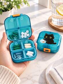 Cartoon Black Cat & Goldfish Round Portable Pill Box, Mini Compartment Medicine Storage Box, Portable Pill & Vitamin Dispenser, Suitable For Daily Commute, Business Trip, Travel, Home Use, Cute & Adorable Desktop Organizer, Personal Pill Dispensing Box - Multicolor - View 1