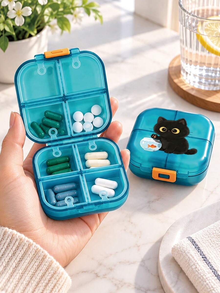 Cartoon Black Cat & Goldfish Round Portable Pill Box, Mini Compartment Medicine Storage Box, Portable Pill & Vitamin Dispenser, Suitable For Daily Commute, Business Trip, Travel, Home Use, Cute & Adorable Desktop Organizer, Personal Pill Dispensing Box - Multicolor - View 1