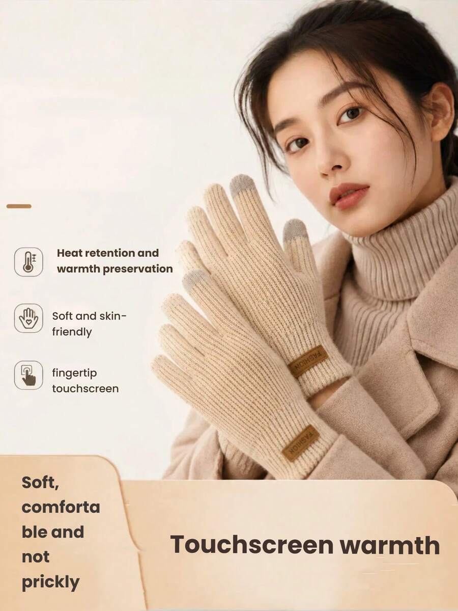 1 Pair Thick Ribbed Knit Touchscreen Gloves, Unisex Minimalist Leather Label Woolen Gloves, Autumn/Winter Outdoor Cycling Commuting Thick Warm Wrist Protection Finger-Separated Gloves