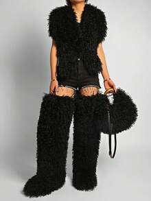Women's Top Handle Handbag,Solid Color,Curly Faux Fur, Golden Metal Ring & Detachable Strap,Crossbody & Handheld,Luxury Fluffy Style,Party Daily Use - Black - View 6