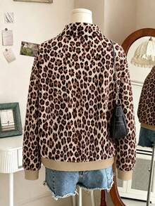 Plus Size Leopard Print Half-Zip Stand Collar Sweatshirt, Casual Long Sleeve Drop Shoulder Ribbed Trim Pullover, Suitable For Autumn/Winter - Camel - View 3