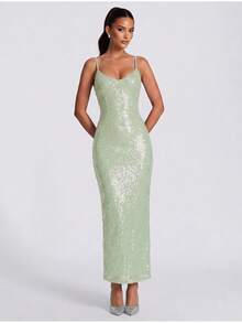 Women's Fitted Glamorous Shiny Party Backless Knotted Sequin Patchwork Spaghetti Strap Dress - Green - View 3