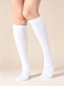1/2/3 Pairs Women's Solid Color Calf Socks, Classic Plain Ribbed Cuff Knee-High Socks, Soft Comfortable Preppy Style Long Socks, Suitable For Uniform And Daily Wear - Multicolor - View 11