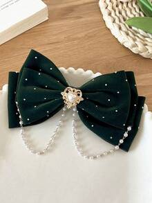 1pc Girls Fashion Crystal & Pearl Bow Decorated Barrette, Without Card Packaging - Dark Green - View 2