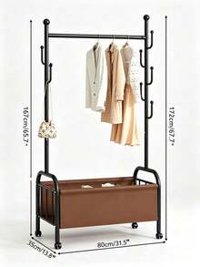 1pc Metal Garment Rack With Storage Basket, Mobile Clothes Rack With Wheels, Multi Hooks, Large Storage Space, Stable Structure, Space Saving, Freestanding Clothing Organizer, Suitable For Bedroom, Living Room, Dormitory And Apartment. - Multicolor - View 11
