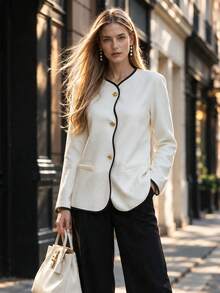 Fall Vintage Contrast Piping Tweed Jacket For Women, Round Neck Gold Button Long Sleeve Cardigan, Commuter Autumn Blazer,Halloween - Multicolor - View 8