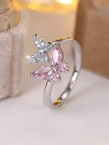 Sparkling Double Butterfly Gold-Plated Ring, Adjustable Open Band With Pink And White Cubic Zirconia, Romantic Fairy Style Women's Jewelry, Perfect For Dates - Golden - View 7