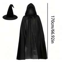 Halloween Black Velvet Witch Hat With Hood And Long Cape Set, Party Cosplay And Dark Wizard Costume Accessories - Black - View 28