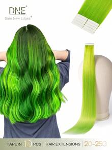 DNE HAIR 10pcs Tape In 100% Human Hair Extensions Green Color 25g 18inch Silky Seamless Invisible Highlight Colorful Hairpieces Rainbow Hair Extension Top Quality Thick Ends Healthy And Long Lasting Human Hair Extensions Invisible Tape In For Womean/Girls - SGreen - View 1
