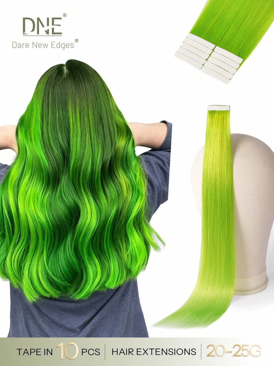 DNE HAIR 10pcs Tape In 100% Human Hair Extensions Green Color 25g 18inch Silky Seamless Invisible Highlight Colorful Hairpieces Rainbow Hair Extension Top Quality Thick Ends Healthy And Long Lasting Human Hair Extensions Invisible Tape In For Womean/Girls - SGreen - View 1