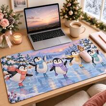 1pc Christmas Penguin Ice Skating Mouse Pad, Winter Snowy Mountain Scene Extended Desk Mat For Home Office, Gaming And Holiday Decor - View 2