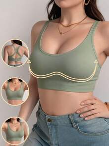 Plus Size Wire-Free Back-Support Sports Bra, Running Shock Absorption, Waist-Cinching Tank Top Style For Outerwear, Removable Pads - Green - View 2