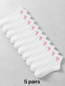 10/5雙白色蝴蝶結圖案甜美風女款中筒襪，百搭舒適，適合日常穿著 - 白色 - 查看 6
