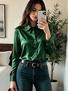 Women's Casual Vacation Daily Commute Office Solid Color Double Collar Business Shirt Blouse - Green - View 1