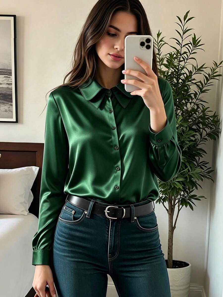 Women's Casual Vacation Daily Commute Office Solid Color Double Collar Business Shirt Blouse - Green - View 1