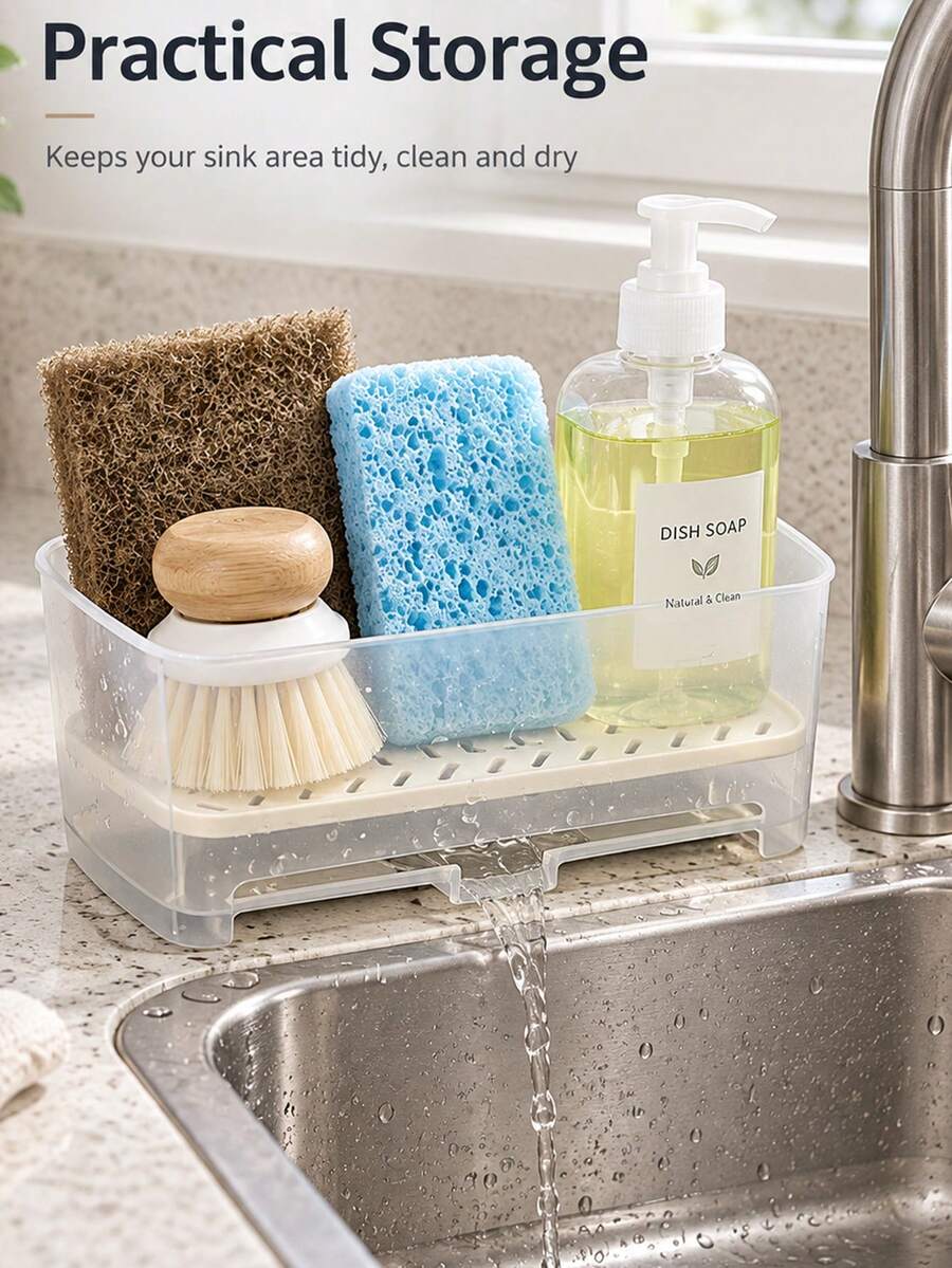 Multifunctional Sink Drain Box With Slanted Outlet, Sink Storage Rack, Easy Storage, Dish Brush & Sponge Holder, Sink Edge Soap Dispenser Rack, Countertop Organizer, Home Room Bathroom Decor, Kitchen Essential Accessory, Household Kitchen Supplies - Multicolor - View 1