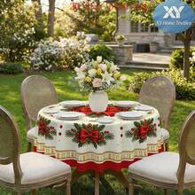 1pc Christmas Theme Round Tablecloth With Santa Claus, Reindeer, Snowman And Holiday Decorations, Perfect For Home Kitchen, Dining Room And Holiday Gatherings, Christmas Celebration Table Decor - A - View 7
