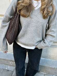 FOR BEAUTY Fall Winter Women Knit Tops Y2K Chic Grey V Neck Loose Pullover Sweaters Basic Business Casual Office Workwear Going Out Outfits - Light Gray - View 1