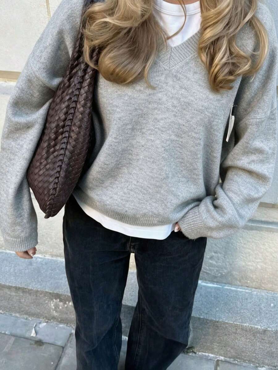 FOR BEAUTY Fall Winter Women Knit Tops Y2K Chic Grey V Neck Loose Pullover Sweaters Basic Business Casual Office Workwear Going Out Outfits - Light Gray - View 1
