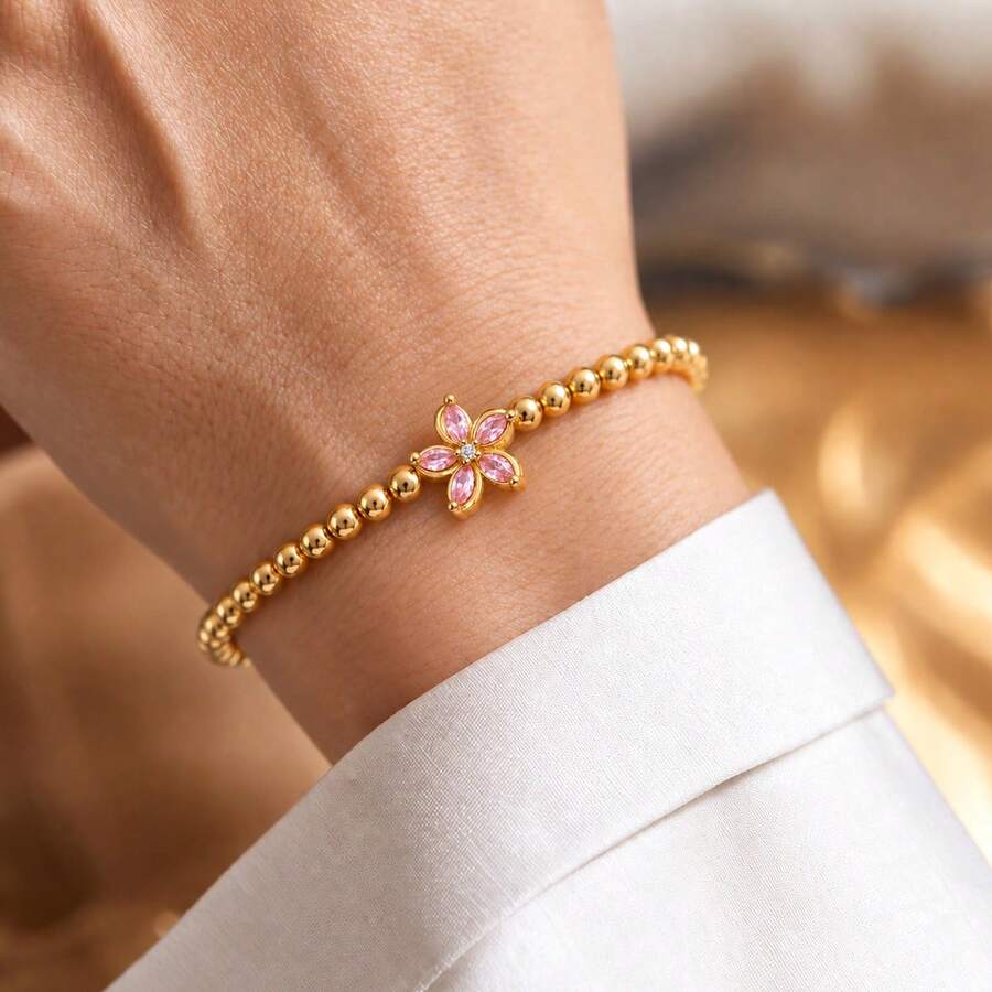1pc New Classic Colorful Flowers Golden Beaded Bracelet For Women - flower - View 1