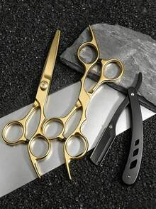 3pcs/Hair Clipper Set - Black & Gold Professional Hairdressing Scissors 3 Pieces Set, Straight Scissors + Thinning Scissors + Razor, Suitable For Home Haircutting And Salon Styling, Beginners Can Easily Create Exquisite Hairstyles, Manual Hair Trimming, Eyebrow Shaping And Face Shaving, Foldable For Home Use - Multicolor - View 10