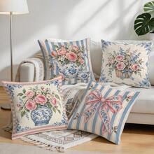 4pcs/1pc Blue And White Porcelain Pot Vintage Floral Pattern Pillow Case, Single-Sided Printed Pillow Case, Suitable For Living Room, Bedroom, Home Decor, All-Season Pillow Case - Multicolor - View 9