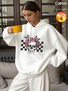 Women's Pure Cotton Hoodie, Autumn/Winter Warm Lining Long Sleeve Loose Fit, Floral Butterfly Print, Drawstring Design - White - View 5