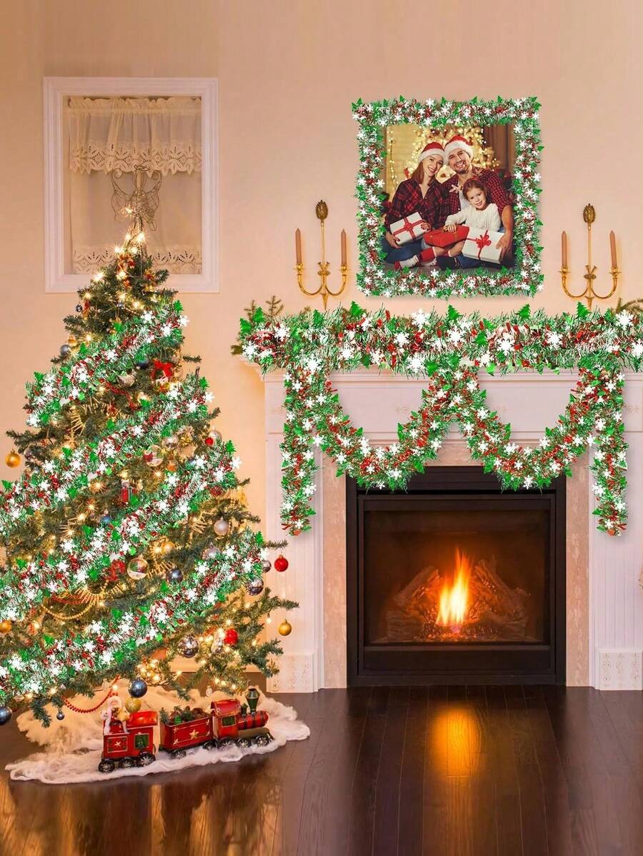 1pc Christmas Metallic Brushed Wreath, Christmas Tree Hanging Ornament, Holiday Party Fireplace Mantel Railing Decoration - A - View 1