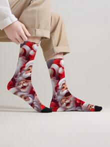 1 Pair 360° Christmas Themed Printed Mid-Calf Socks, Men's Novelty Fun Print Mid-Calf Socks - Red - View 4