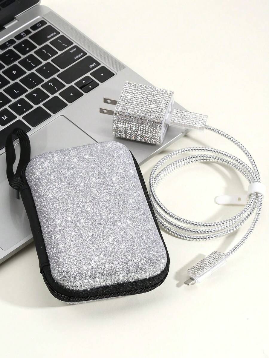 6pcs Apple Data Cable Storage & Protection Set, Compatible With Apple Phone 20W Fast Charging Data Cable, With Flash Drill & Glitter Cable Organizer - Silver - View 1