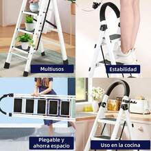 Escalera Plegable 3 PeldañOs Acero Inoxidable Escalera Para Casa Resistente 150kg DiseñO Antideslizante  Plegable Y FáCil Almacenar Uso En Hogar Oficina AlmacéN (Blanco, 3 PeldañOs) - BLANCO - Ver 3
