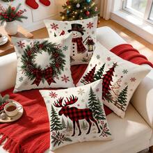 4pcs/1pc Christmas Red & Black Plaid Pattern Pillow Case, Single-Sided Printed Pillow Cover, Suitable For Living Room, Bedroom, Home Decor, All-Season Pillow Case - Multicolor - View 5