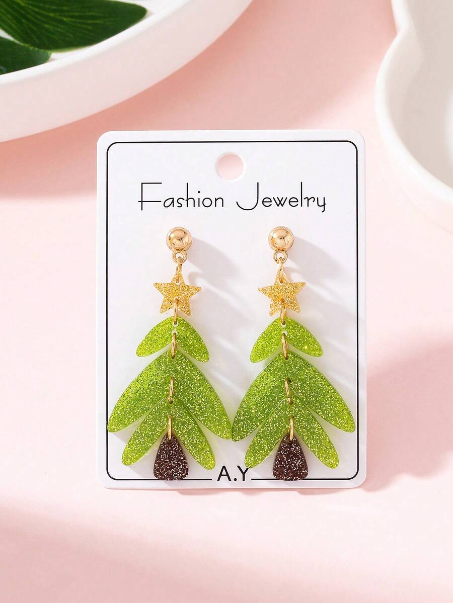 1 Pasang Anting-Anting Fashion Wanita Motif Patchwork Pohon Natal Berkilau, Cocok untuk Pesta Liburan dan Hadiah - Lime Green - View 1