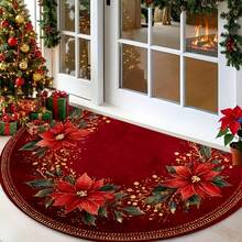 1pc Red Poinsettia & Holly Christmas Welcome Doormat - Semi-Circle Indoor/Door Mat, Suitable For Christmas Winter Decor, Machine Washable Holiday Entrance Mat With Poinsettia Pattern - A - View 3