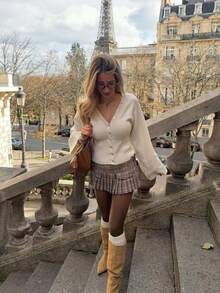 Women's Autumn/Winter Beige V-Neck Front Button Loose Sleeve Knitted Cardigan Waist-Defining Slimming Gentle Style Sweater Cardigan - Apricot - View 2