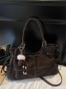 Fun Pendant Accessory Multi-Pocket Tote Bag, Crossbody Handbag With Relaxed Casual Style For Women, Daily Streetwear, Commuting, Shopping, School, Travel, Shoulder Bag - Coffee - View 8