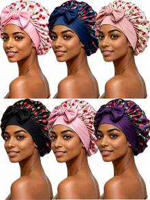 1/2/4pcs Women's Solid Color Satin Sleep Cap, Printed Elastic Tie Closure Design, Daily Casual Hair Care Headwear - Multicolor 1pc - View 18