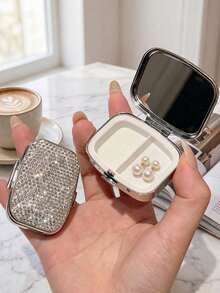 Sparkly Rhinestone Mini Jewelry Box With Mirror,2 Compartment Mini Ring Earring Storage Box,Portable Travel Storage Case For Women,Travel Essentials - A - View 3