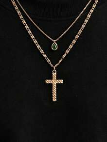 2pcs Fashion Minimalist Cross Pendant Necklace, Paperclip Chain Necklace Set, Casual Style Accessory, Ideal Birthday And Holiday Gift For Men - Yellow Gold - View 2