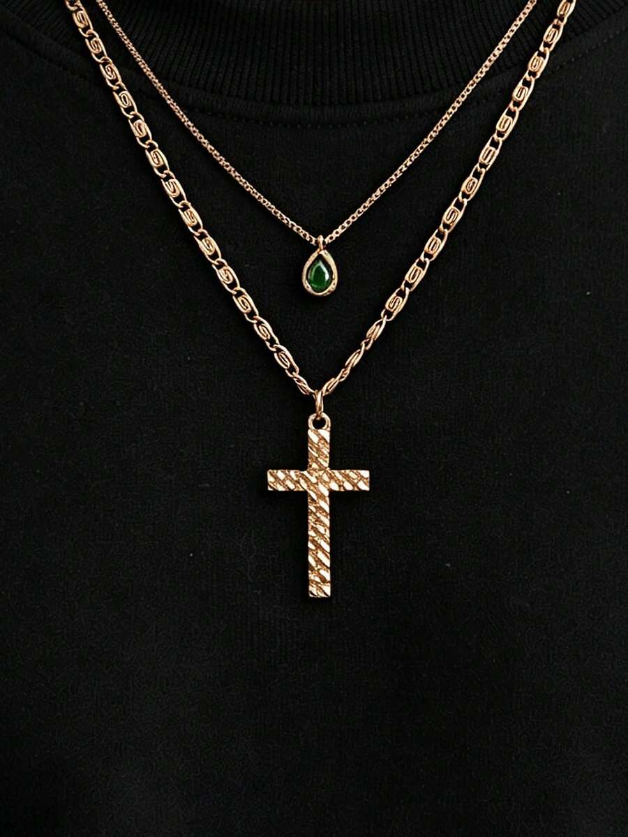 2pcs Fashion Minimalist Cross Pendant Necklace, Paperclip Chain Necklace Set, Casual Style Accessory, Ideal Birthday And Holiday Gift For Men