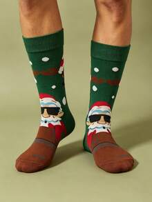 1 Pair Men's Cool Christmas Santa Claus & Reindeer Print Mid-Calf Socks - Green - View 2