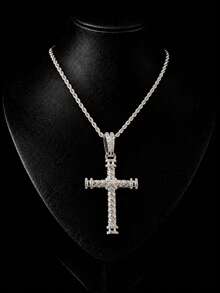 Full Rhinestone Twisted Double-Sided Cylindrical Cross Pendant Necklace, Rhinestone Cuban Chain, Men's Hip Hop Shiny Personalized Party Jewelry - Double-sided Full-diamond 3D Cross - View 13