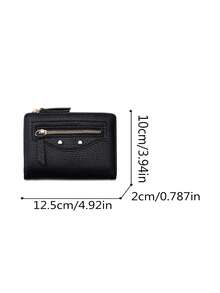 Women's Short Bifold Wallet, Classic Black Faux Leather Card Holder, Multi‑Slots Small Purse With Zipper Pocket, Rivet Decor Compact Coin Purse. - Black - View 10