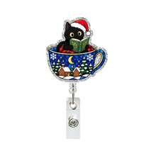 1pc Christmas Tea Cup Reading Black Cat Acrylic Retractable Rotating Badge Reel ID Holder - Multicolor - View 6